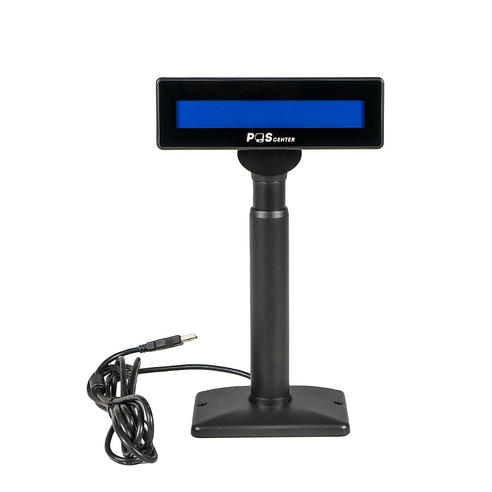 Дисплей покупателя POScenter PCP220 (LCD 2х20, белые символы на синем фоне) черный, подставка, USB кабель 3.0 м, PL2303TA, v.17В, защита от напряжения SMAJ5.0