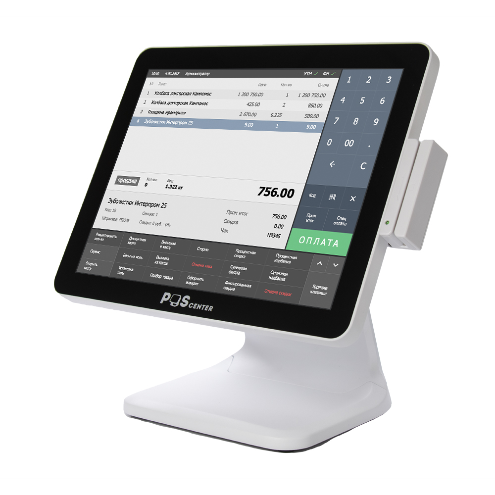 Сенсорный моноблок POScenter POS101 (15", PCAP, WB-J3455, RAM 4Gb, SSD M2 128Gb, MSR) Windows10, БЕЛЫЙ